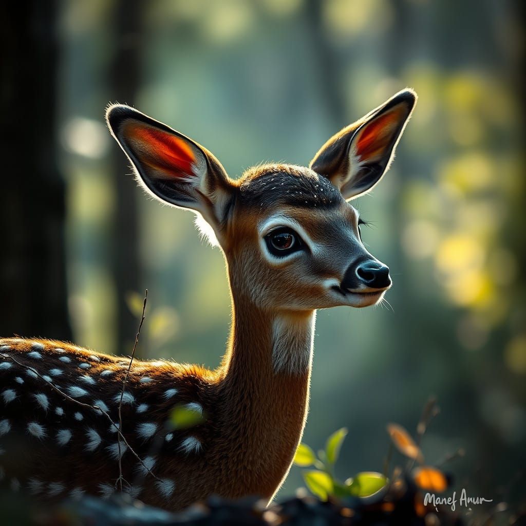 Hyperrealistic Bambi in a Sun-Dappled Forest Glade