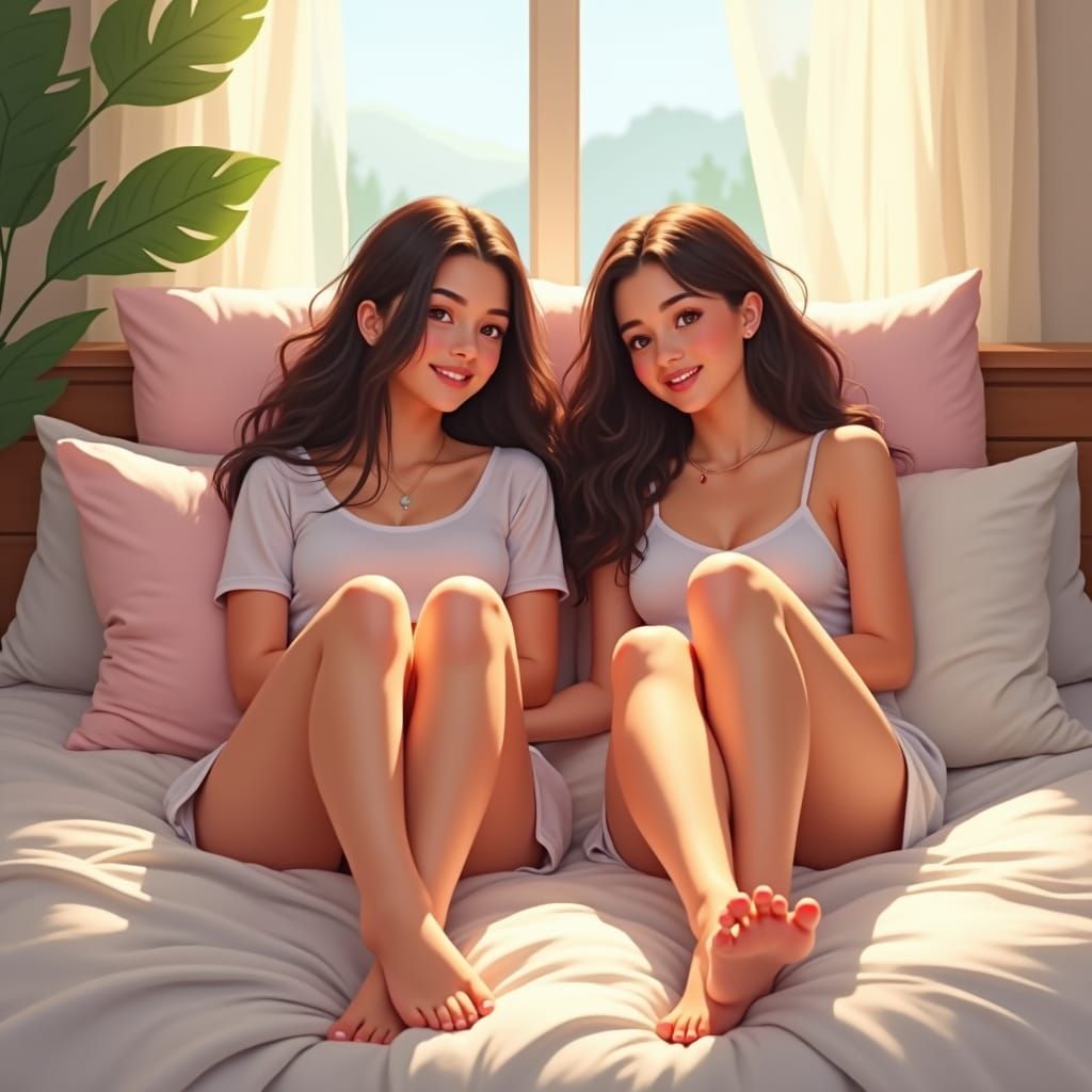 Barefoot Women Lounging in Bed: Digital Pastel Art