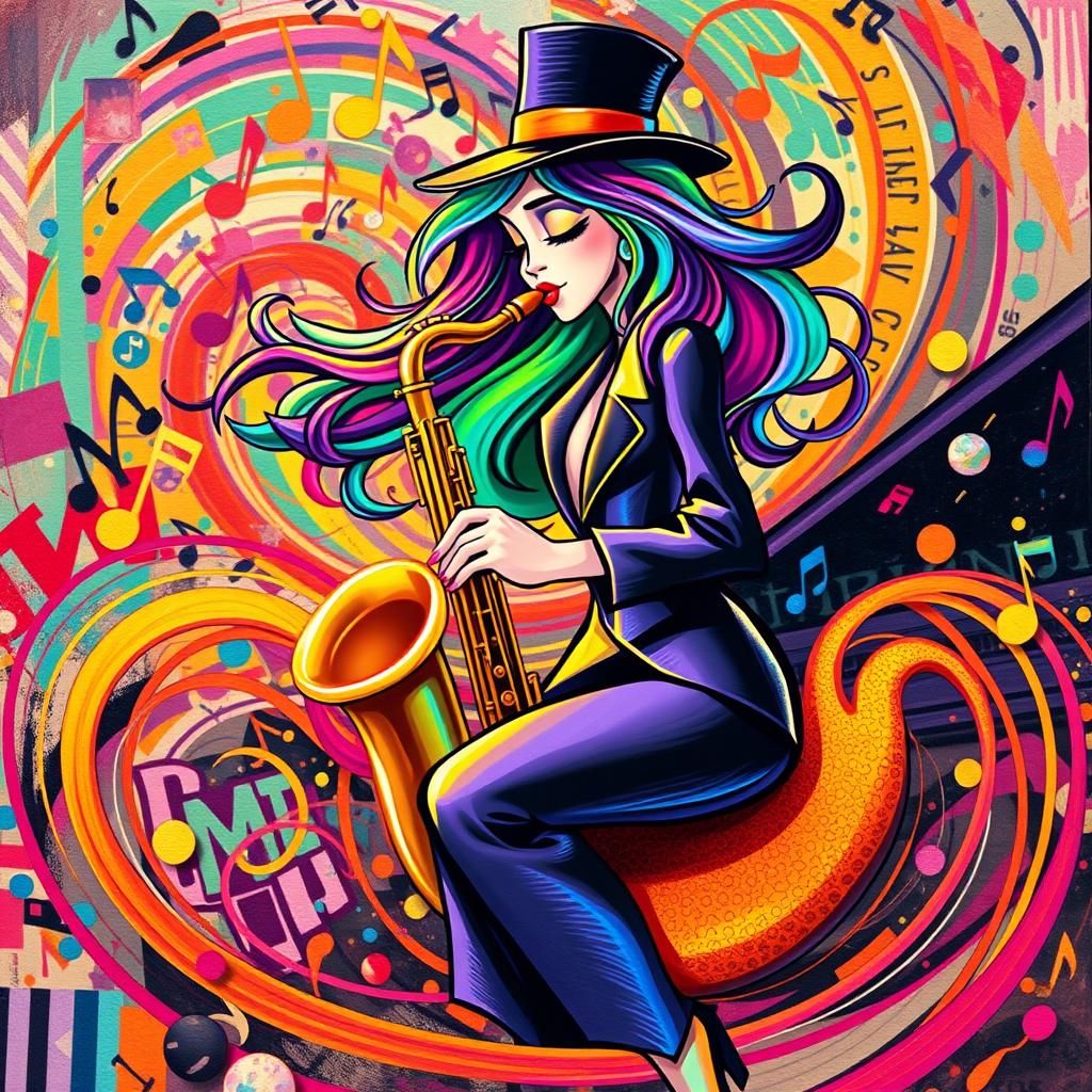 Jazz Musician on Musical Note in Matisse Style