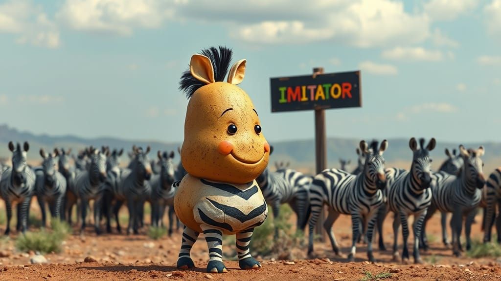 Surreal Potato Zebra Imitator in African Landscape