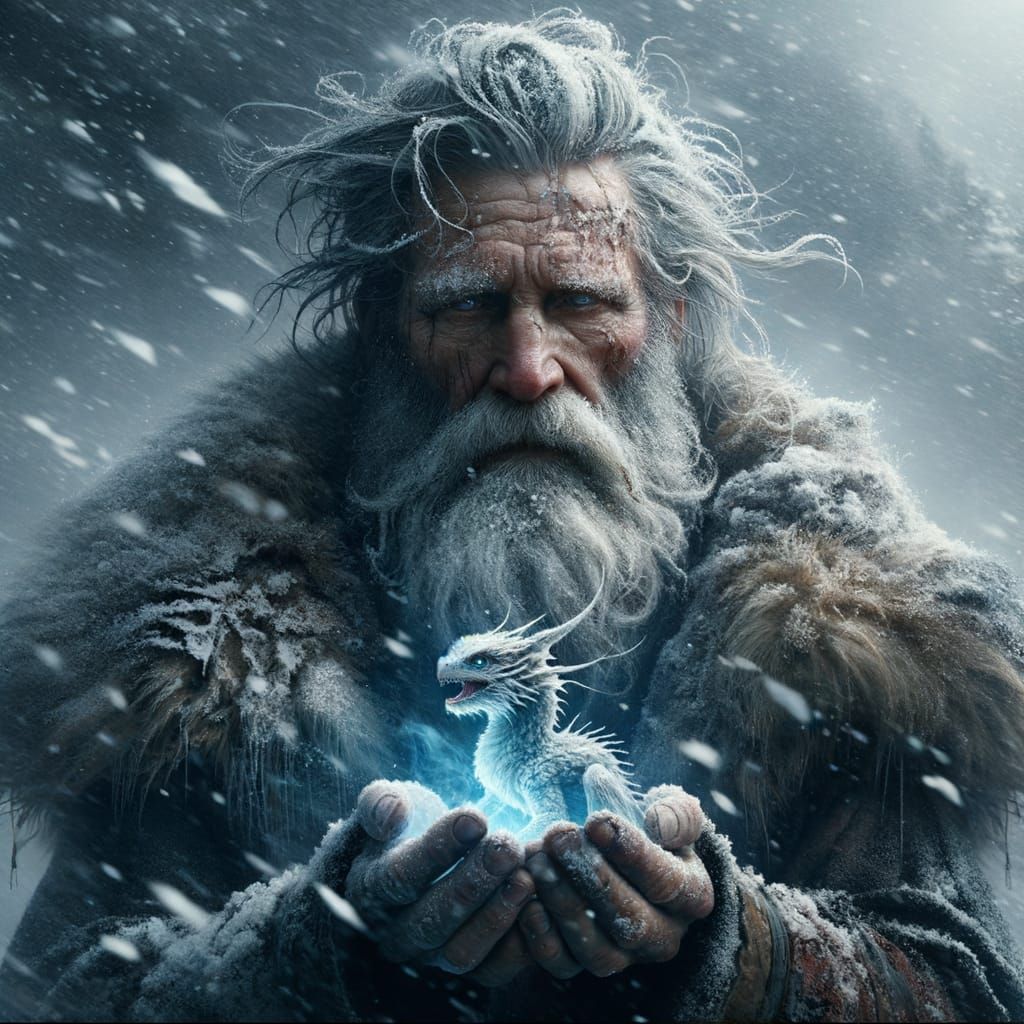 Viking and Dragon in Intense Snowstorm