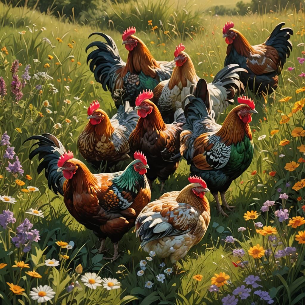 Colorful Chickens Pecking in Wildflower Field: Hyperrealisti...