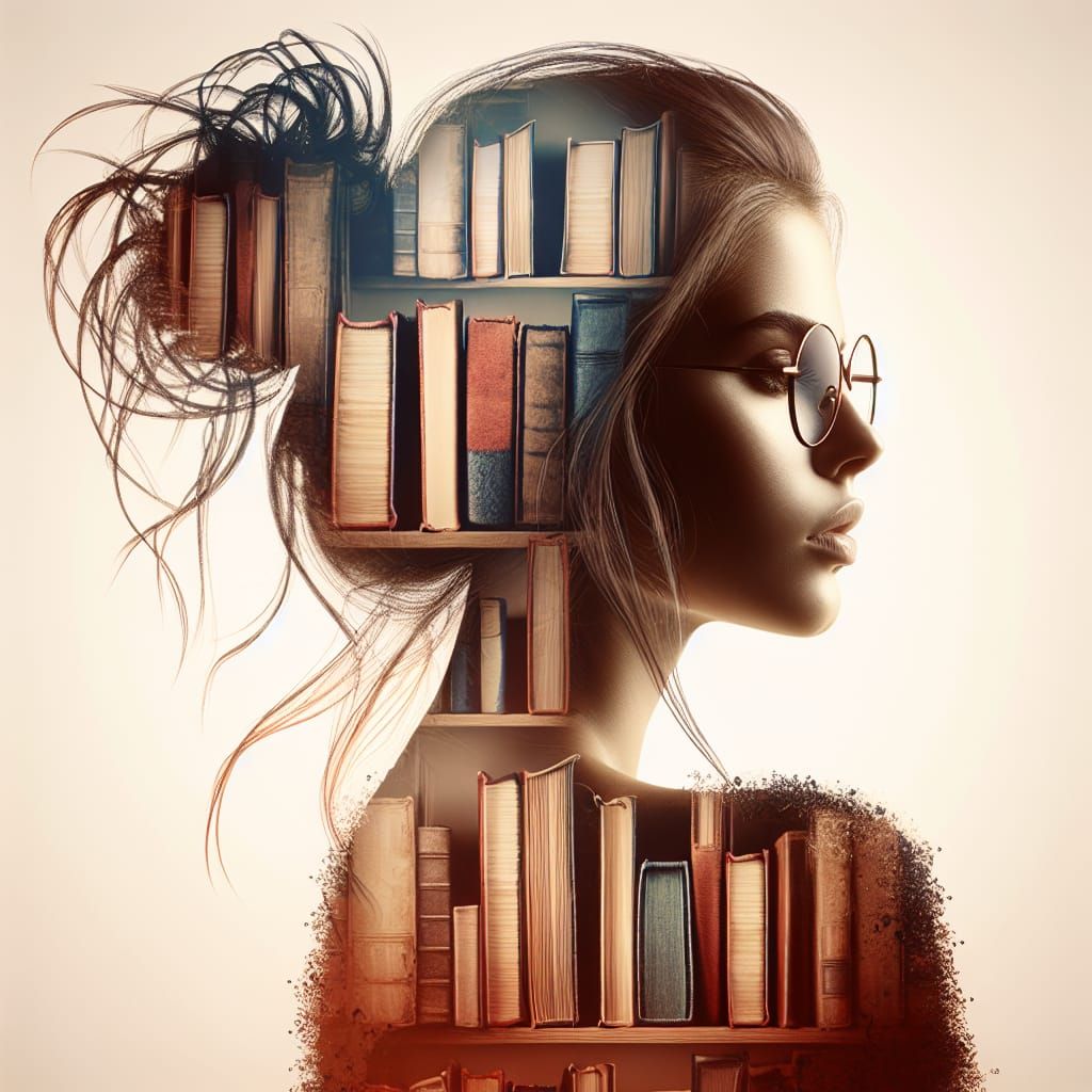 Double Exposure Silhouette of Woman with Books
