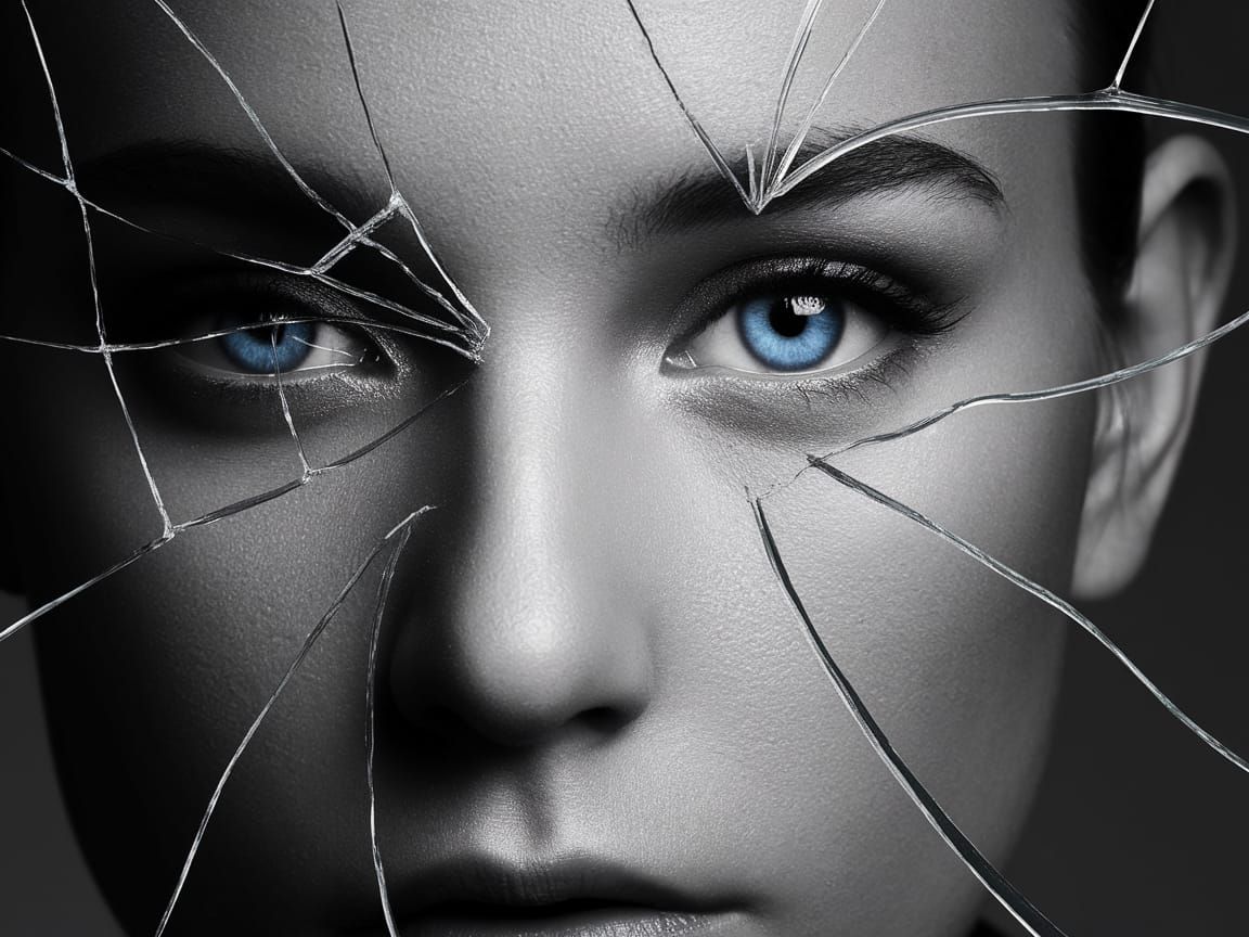 Shattered Monochrome Portrait with a Glowing Blue Eye