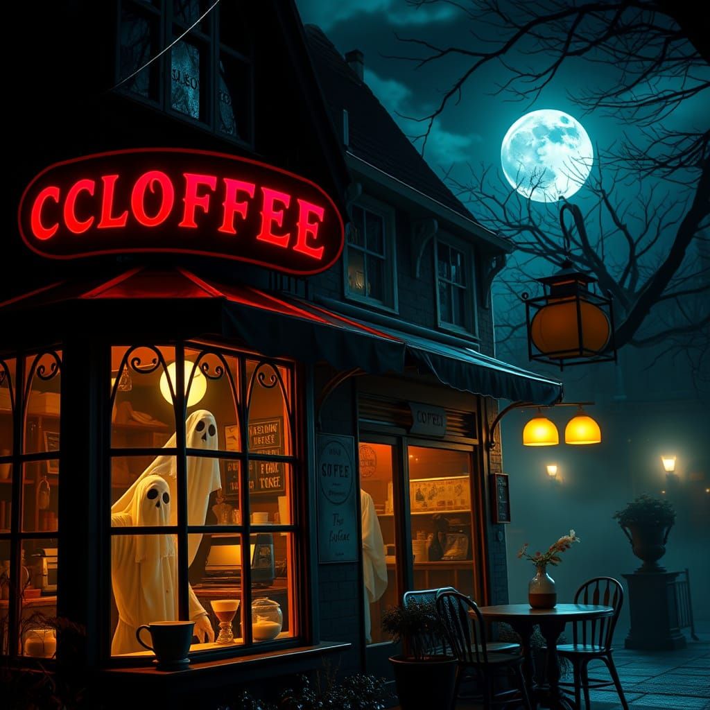 Spooky Moonlit Coffeehouse with Ghostly Baristas
