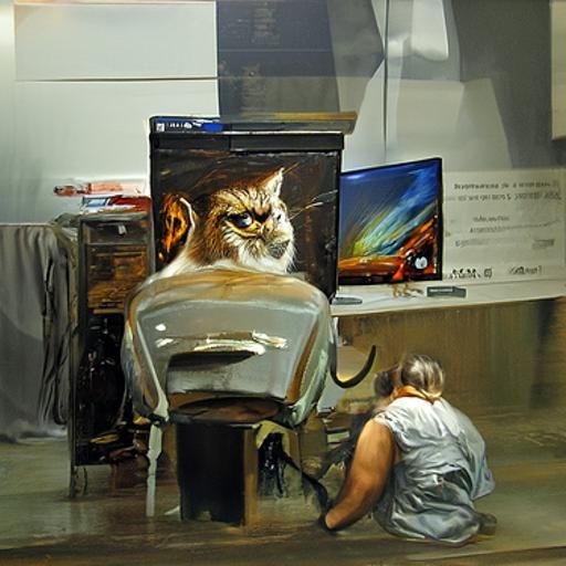 Hyperrealistic Oil Painting: Angry Cat Watching Computer Use...