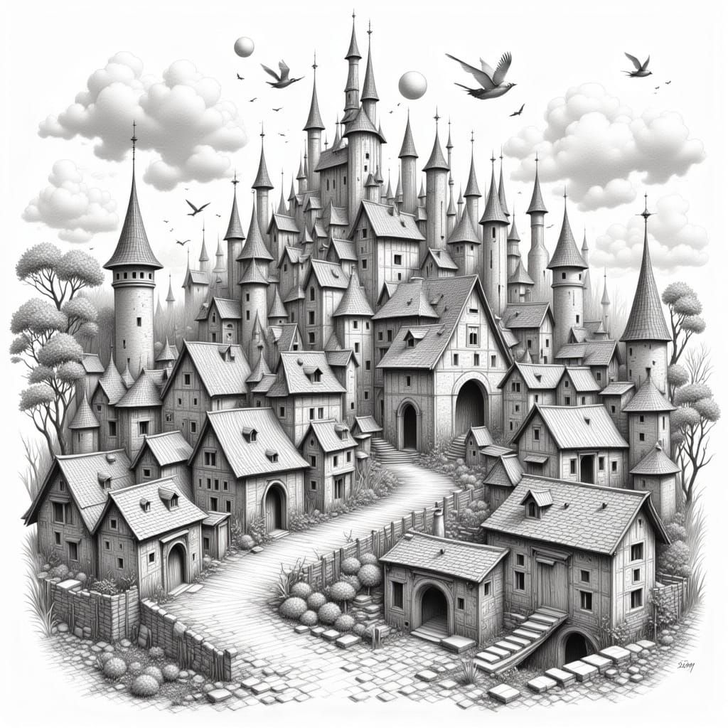 Whimsical City in Detailed Pencil Sketch Style