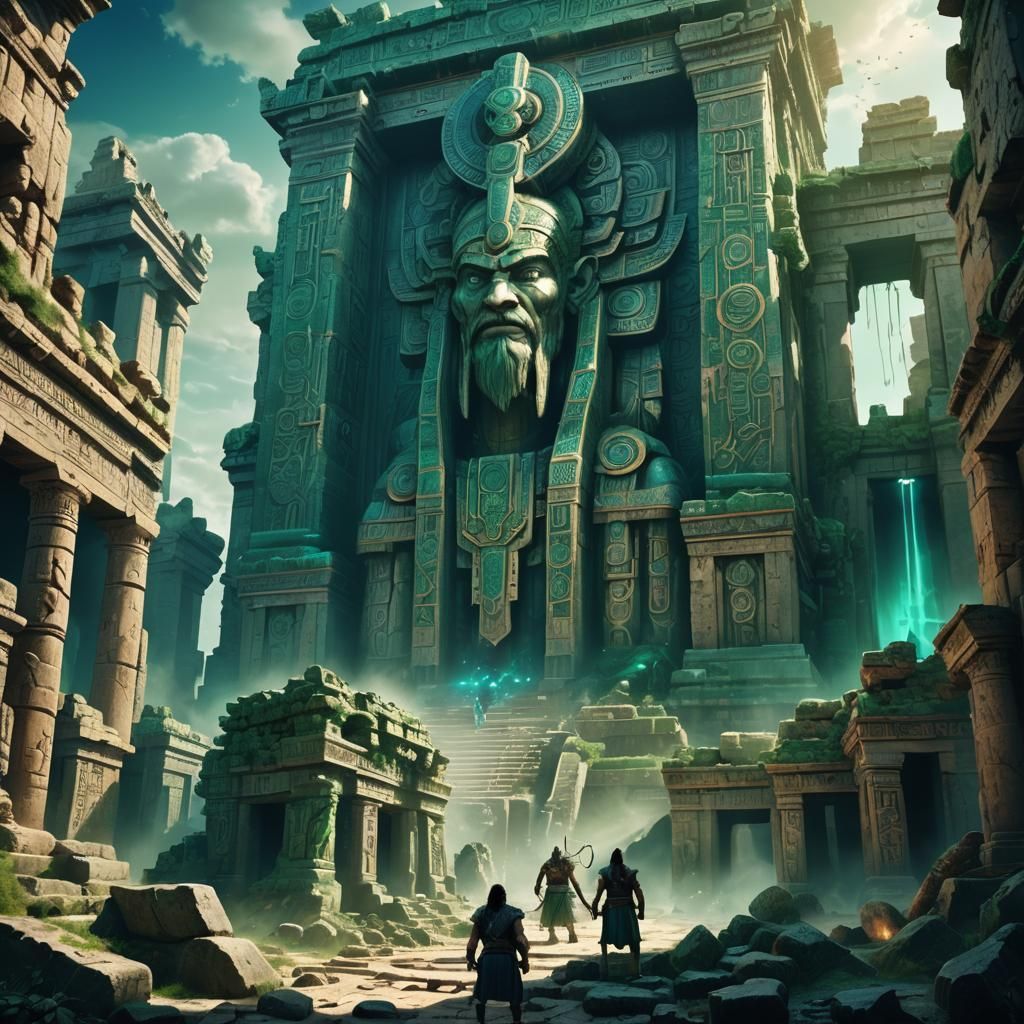 Gods Clash in Ancient City, Epic Digital Art