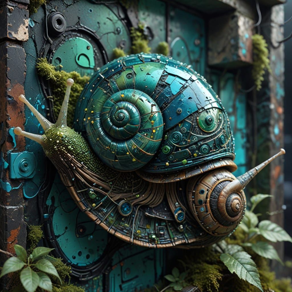 Mosaic Circuit Snail Crawling on Crumbling Wall