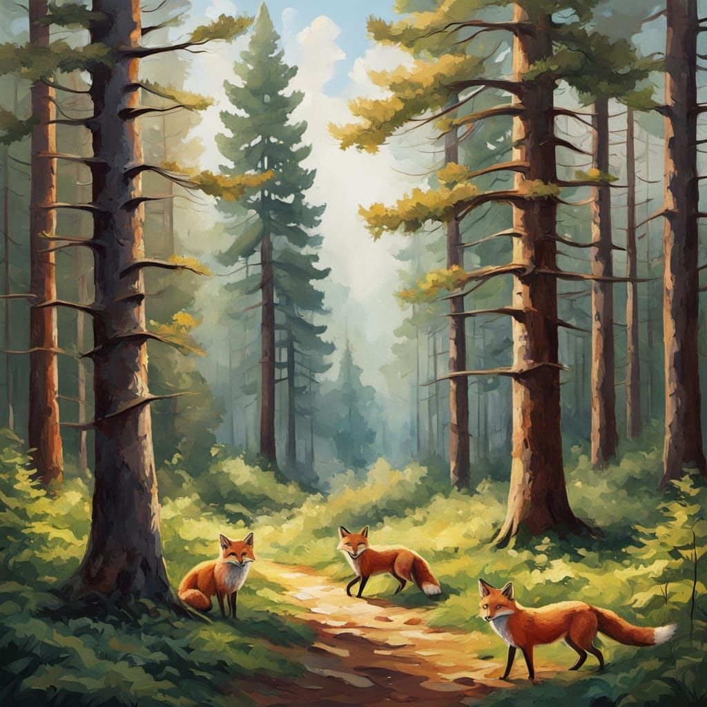 Serene Pine Forest Scene with Singing Foxes and Birds in Vib...