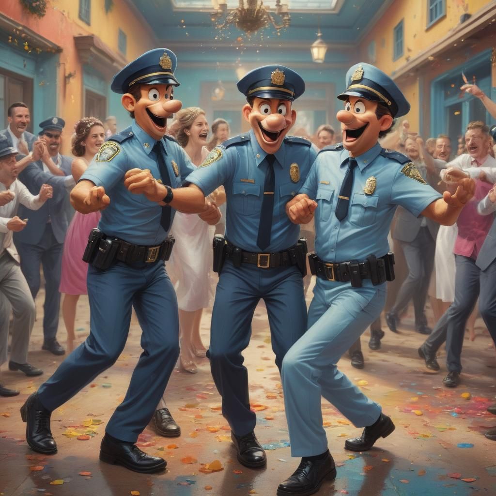 Joyful Policemen Dancing at a Wedding in a Vibrant, Hyperrea...