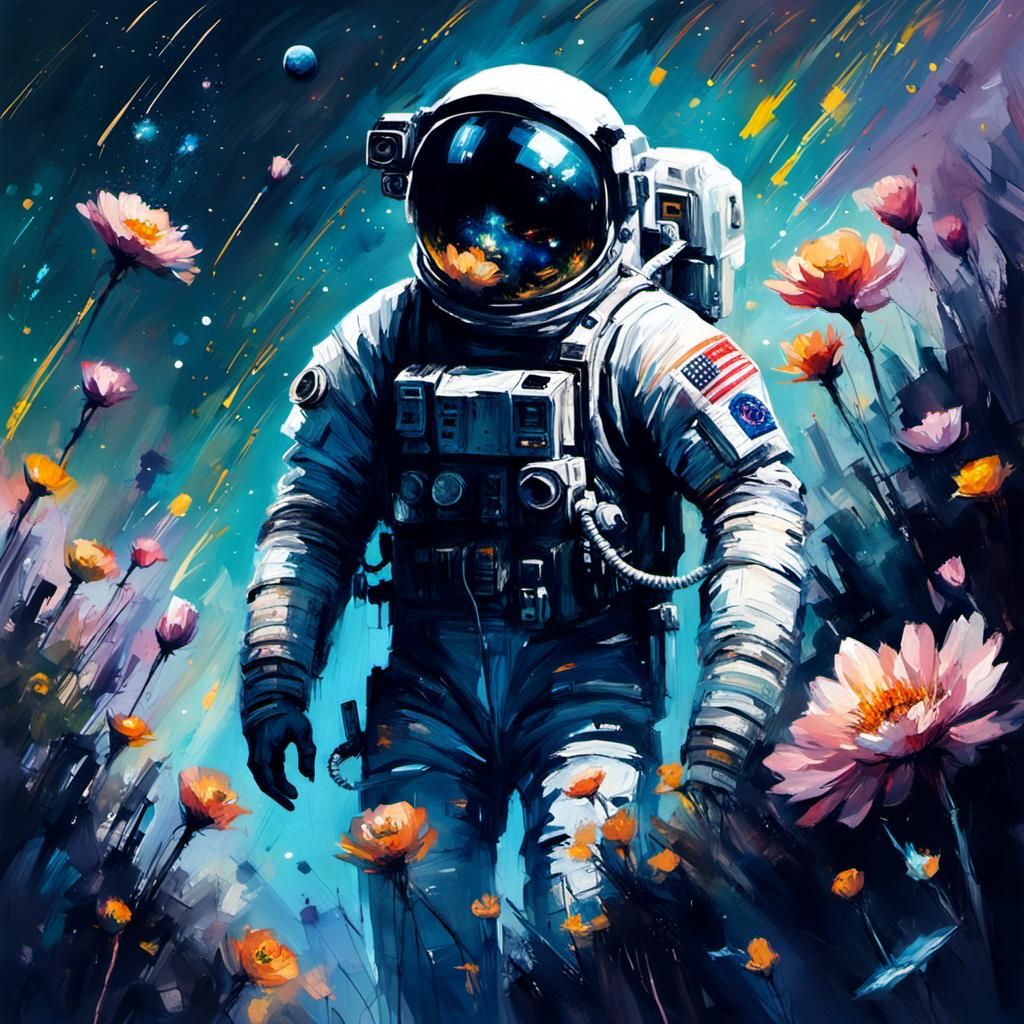 astronaute sur une planète extraterrestre avec des fleurs
