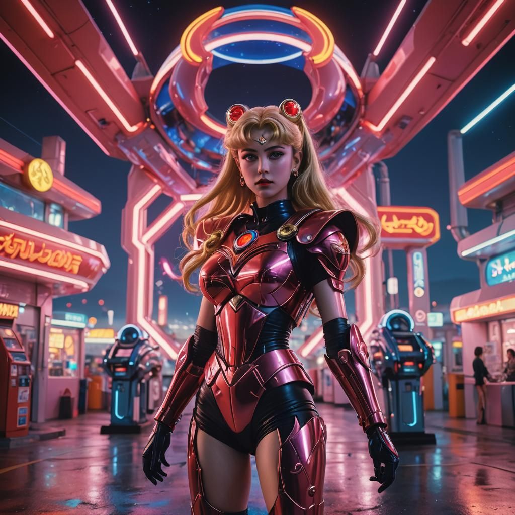 Sailor Moon at Alien Gas Station in Retro-Futuristic Style