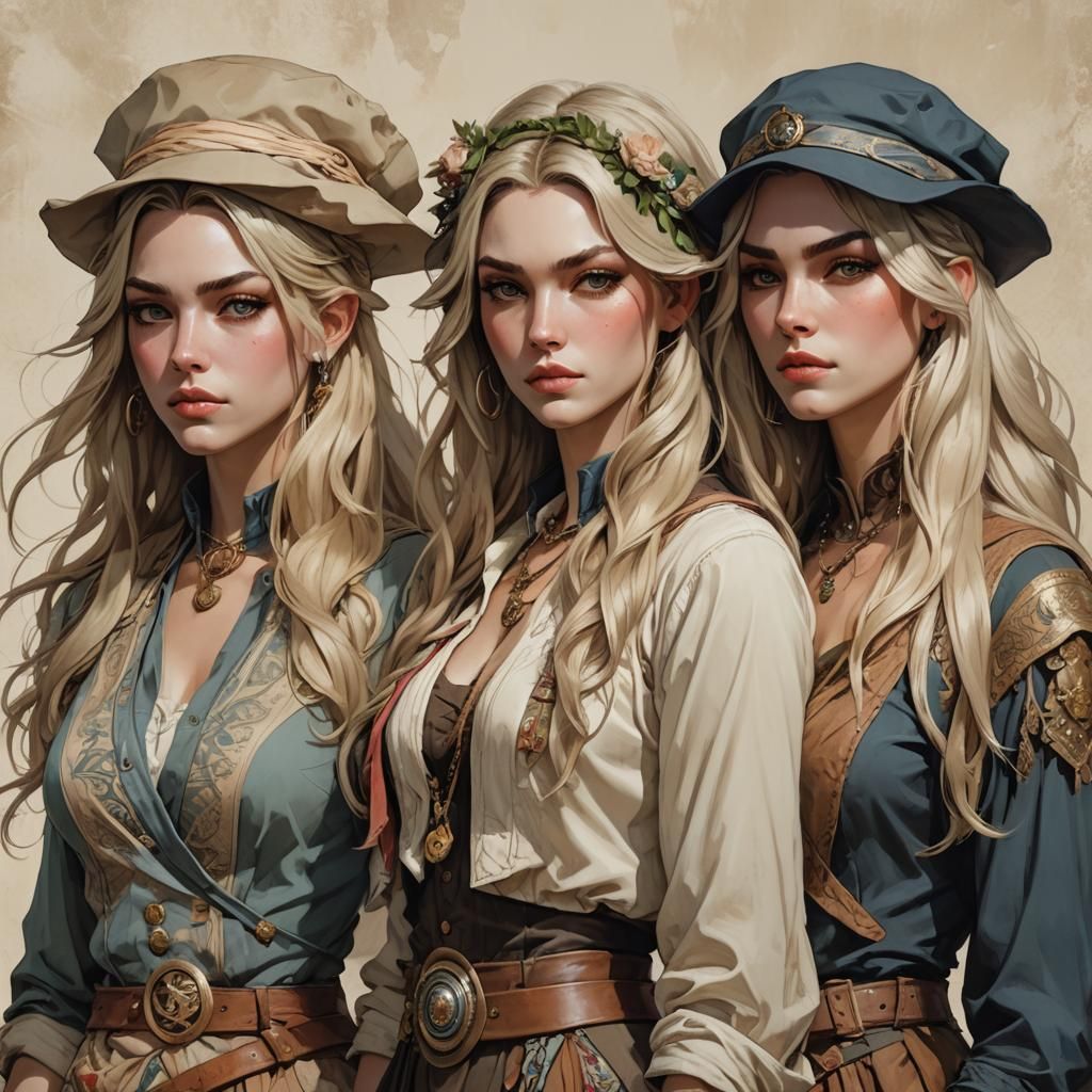 Anime-Inspired Portrait of Three Women in 70s Style