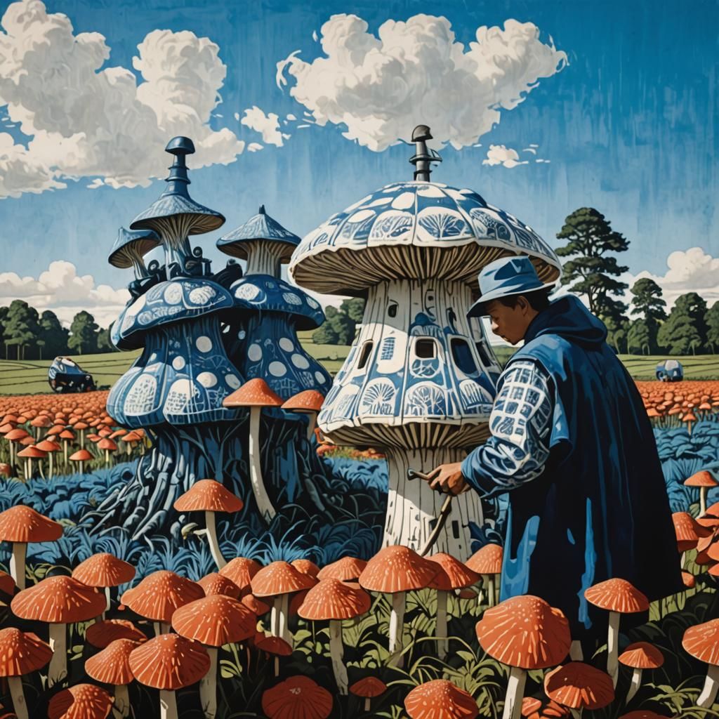 Indonesian Sculptors Tend Giant Mushrooms in Linocut Style