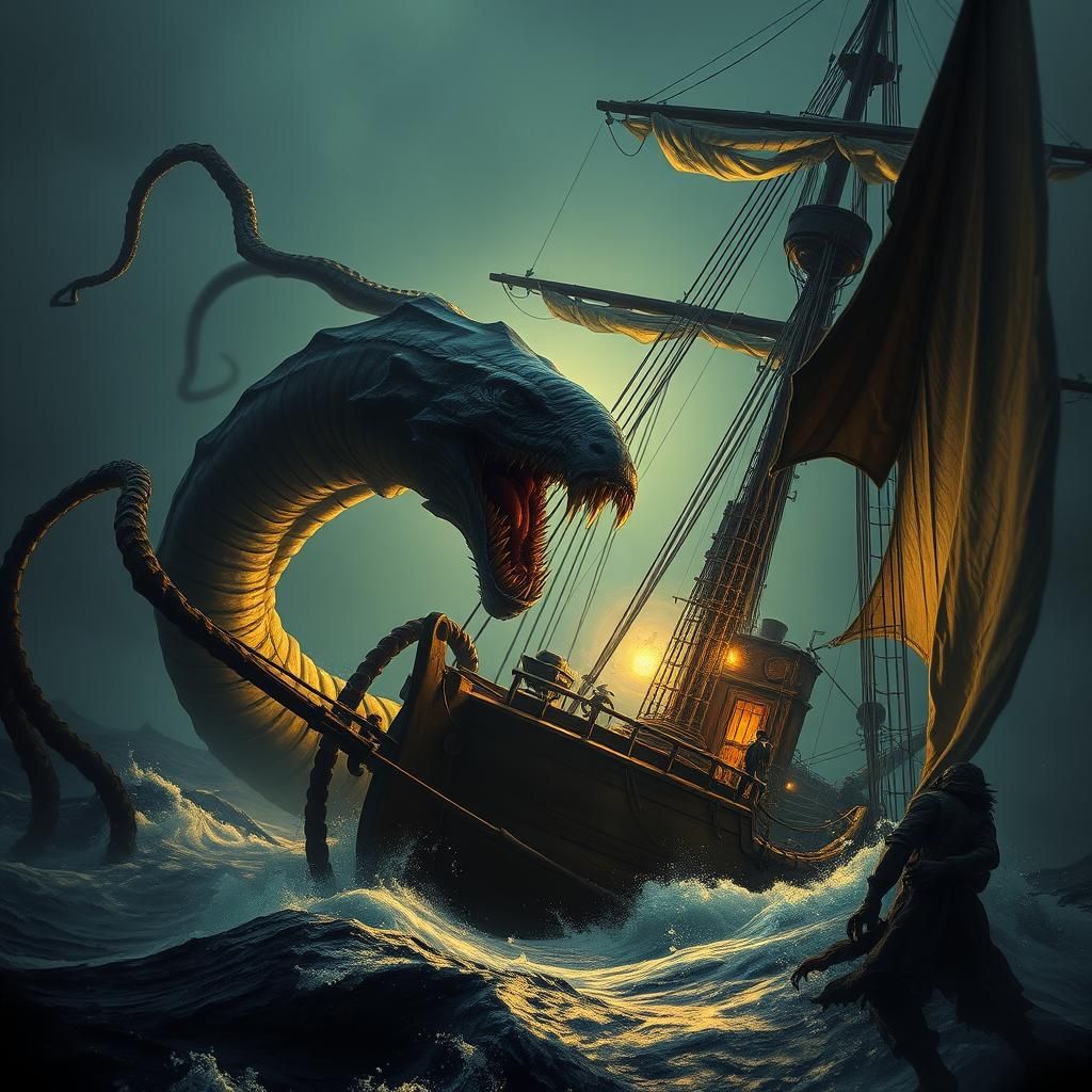 Sea Monster Attacks Ship in Gothic Matte Painting