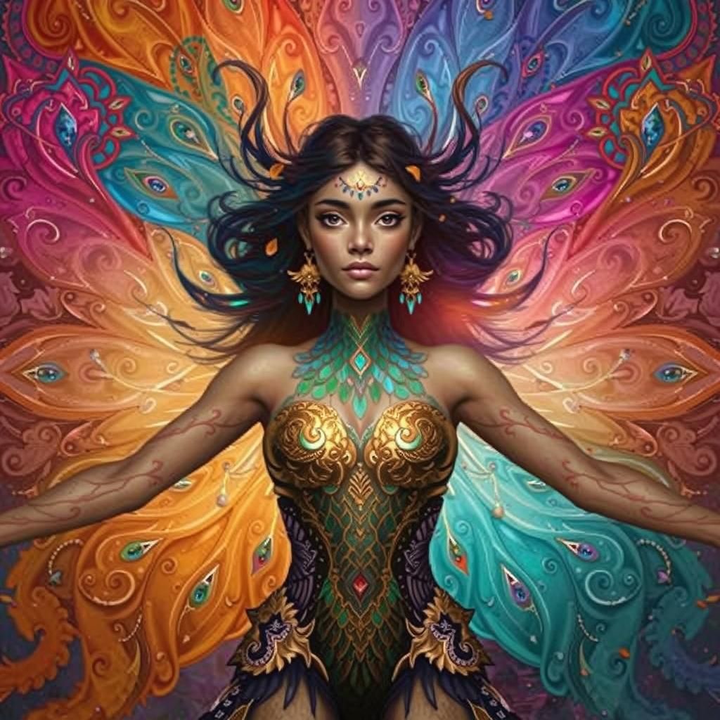 Dragon Peacock Woman in Abstract Expressionist Style