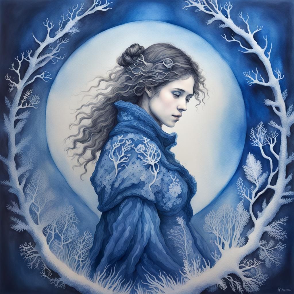 Hibernal Sorcerer: Cyanotype Portrait in Alcohol Ink