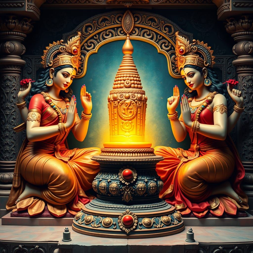 Divine Goddesses Honor the Lingam in Vibrant Indian Temple A...