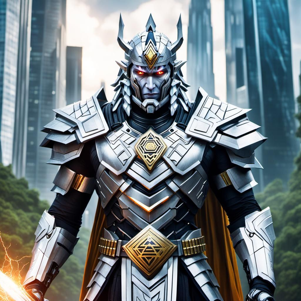 Futuristic Android Warrior in Flight over Forest