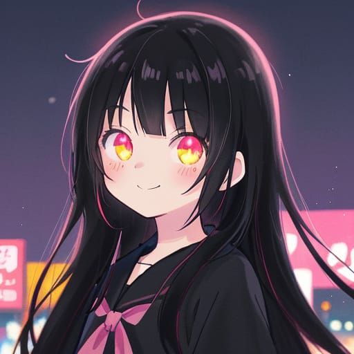 Cute Anime Tokyo Girl Smiles in Neon City