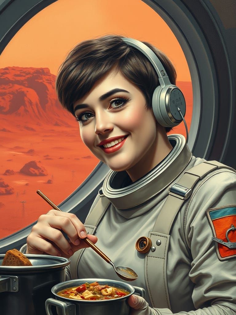 Elegant Lady Cooks on Mars in Retro Futuristic Style