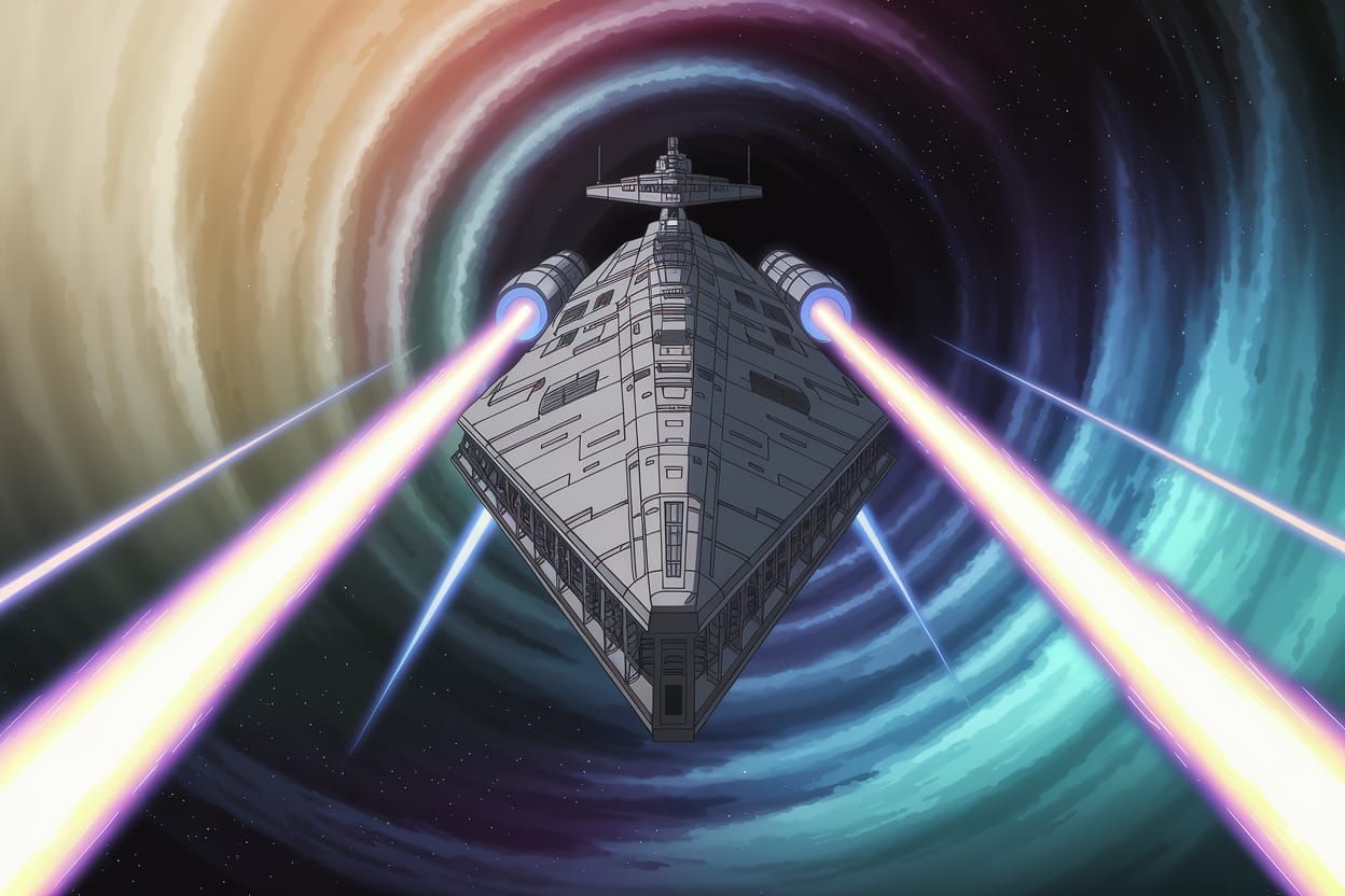 Starcruiser Emerges from Wormhole in Anime Style