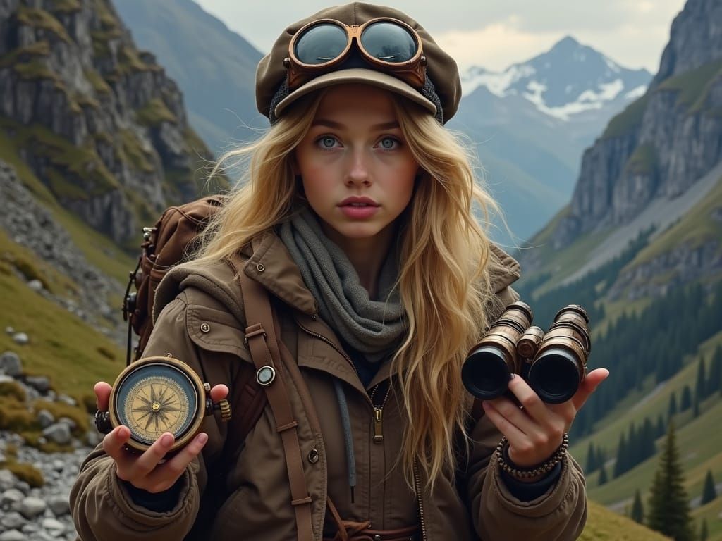Steampunk Explorer with Compass and Binoculars in Mountain P...