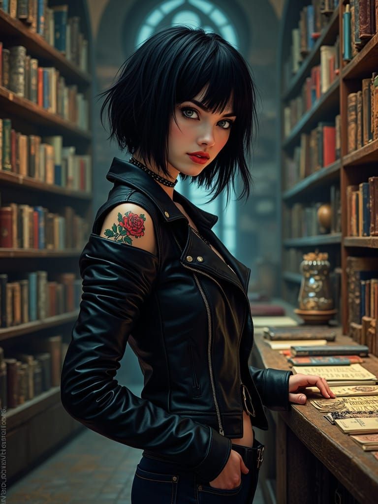 Edgy Vampire Hunter in Dark Occult Bookstore