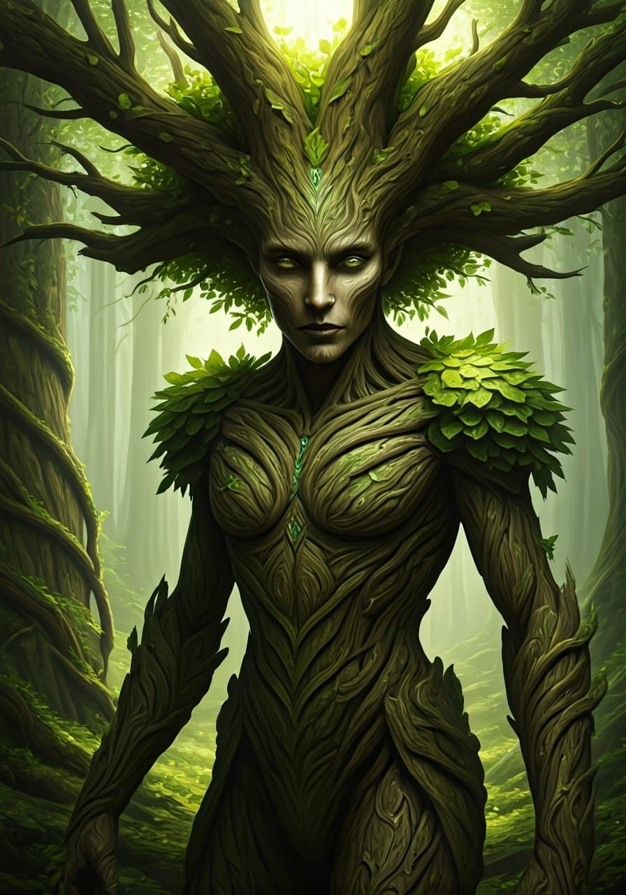 Androgynous Emerald Dryad in Ancient Forest