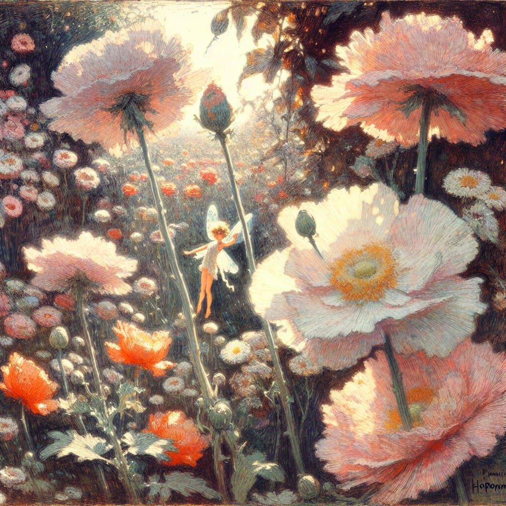 Impressionistic Fairy Among Giant Flowers