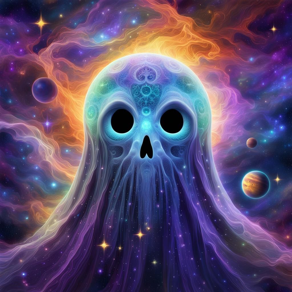 A happy transparent ghost made of space, with big, expressive eyes