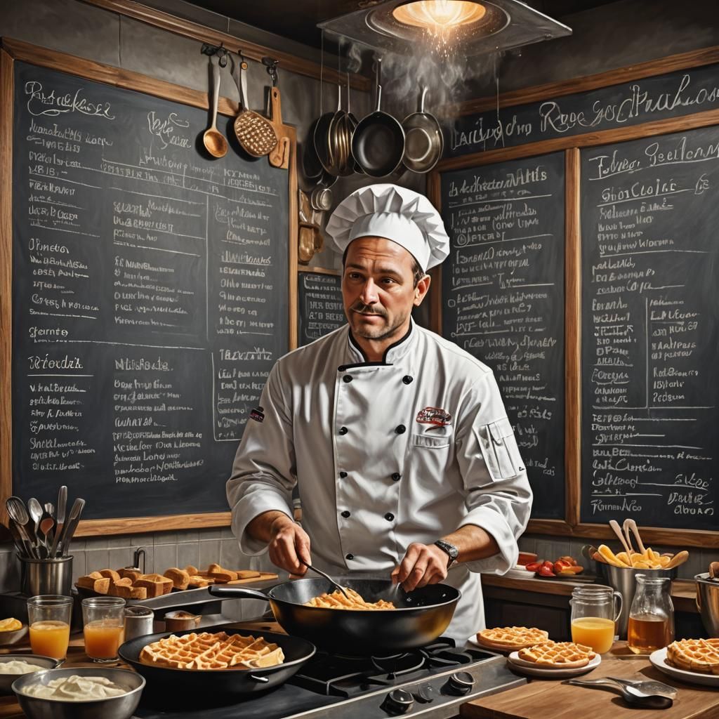 Chef Makes Waffles in Restaurant Kitchen