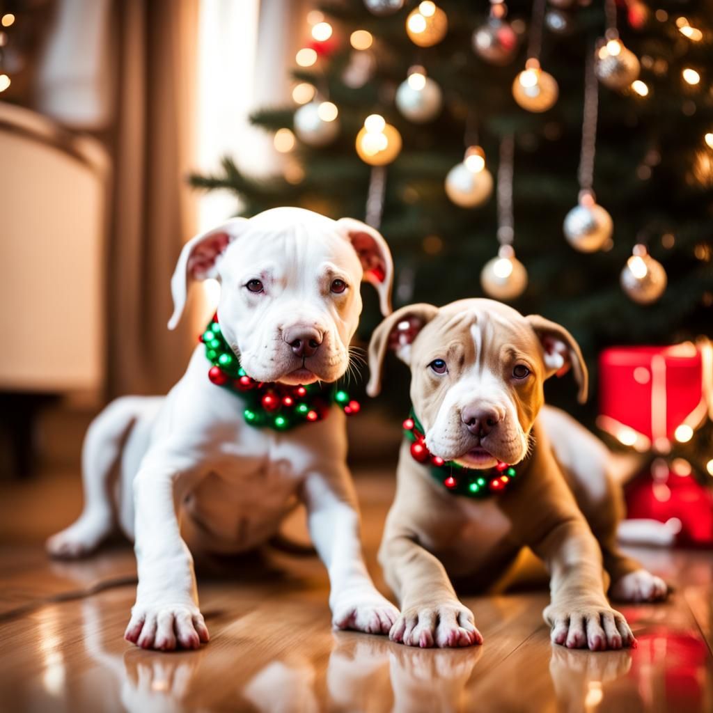 Pitbull Puppy and Dog Play at Christmas