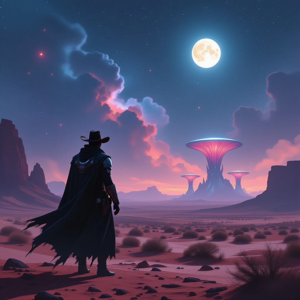 Cybernetic Cowboy in Alien Desert Under Cosmic Sky