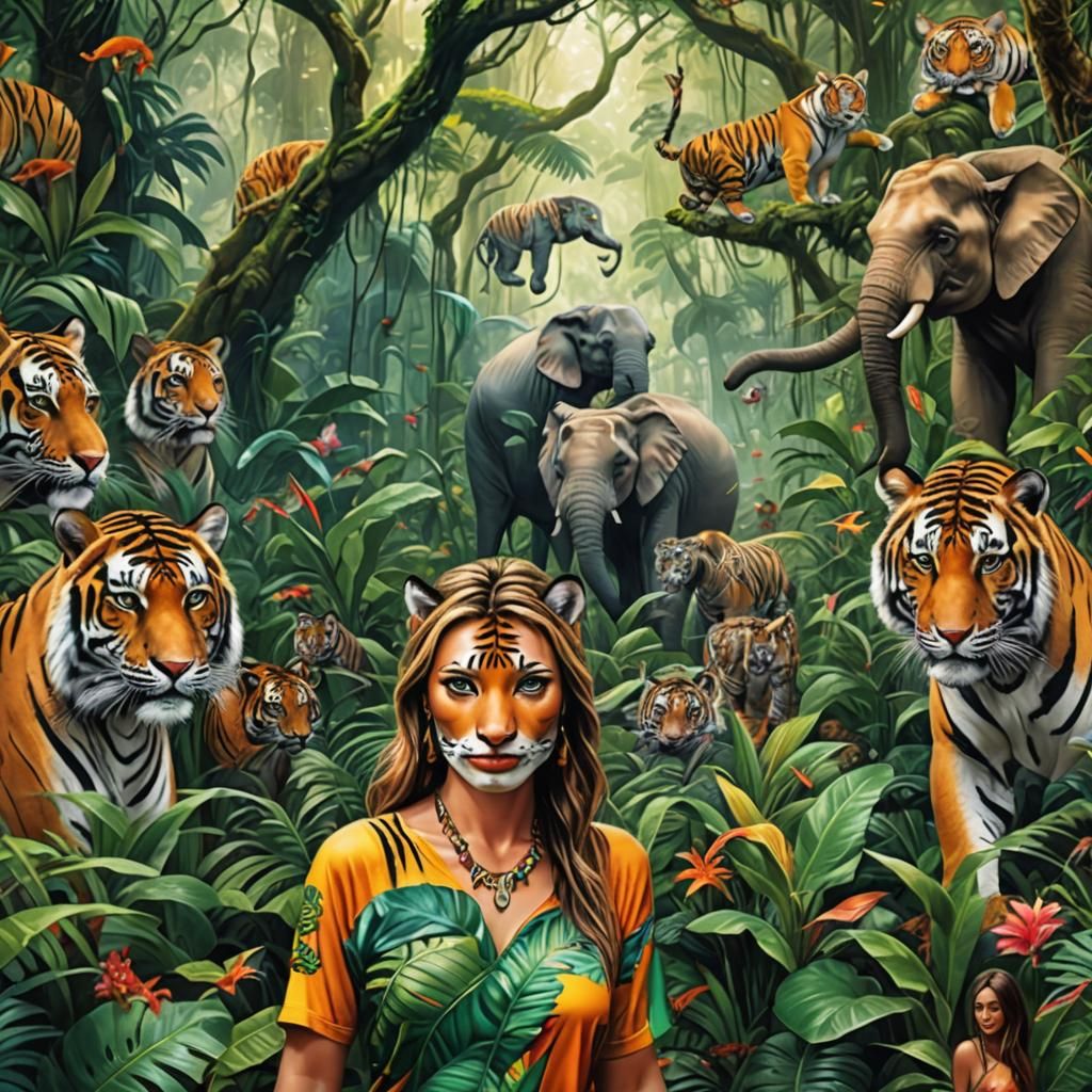 Lush Rainforest Scene with Wildlife and Figures