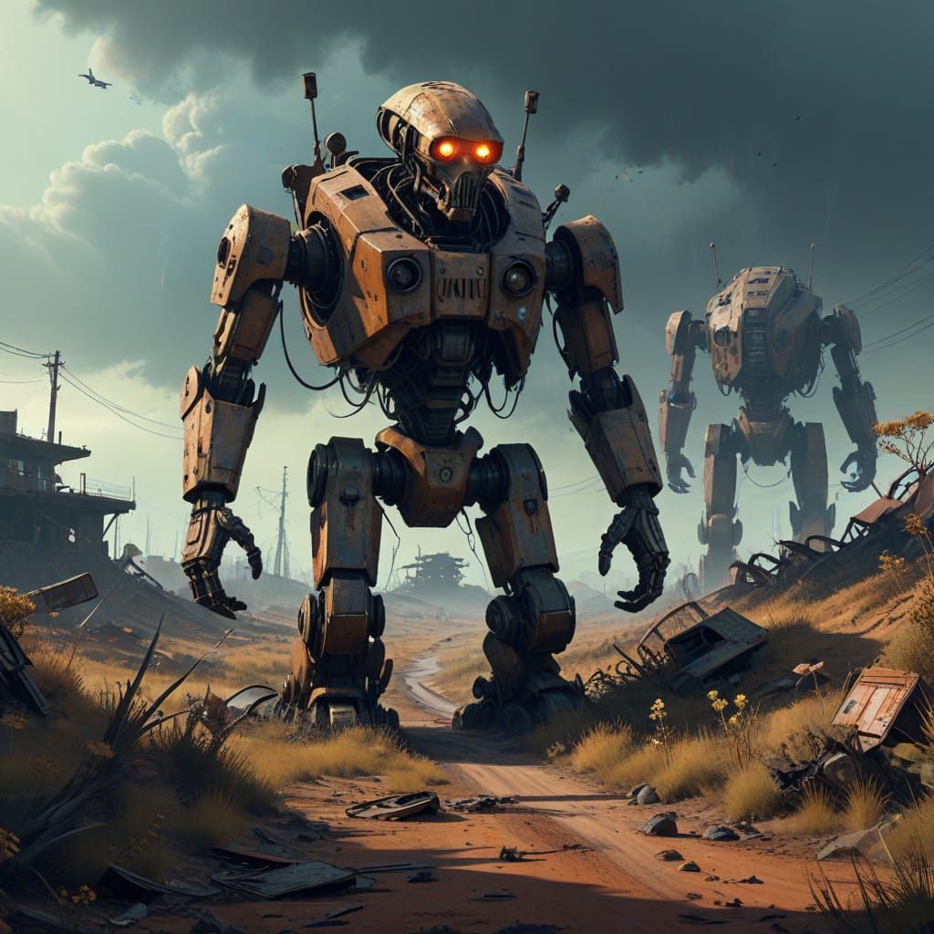 Desolate Alien Planet with Rusted Robots