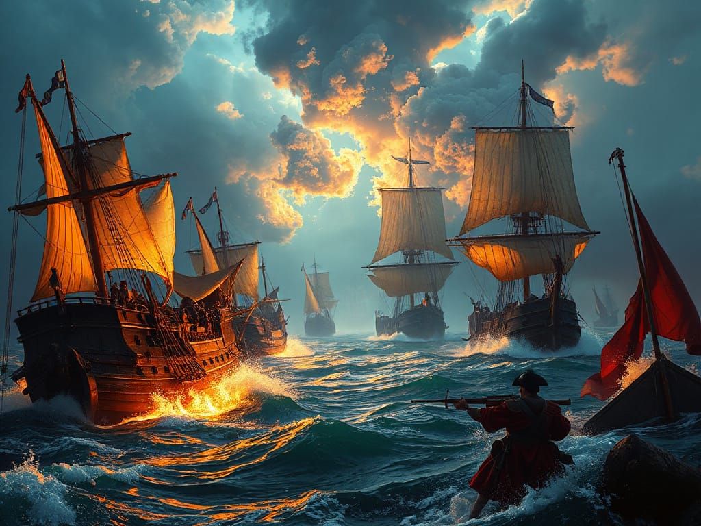 Medieval Naval Battle in Vibrant Impressionist Style