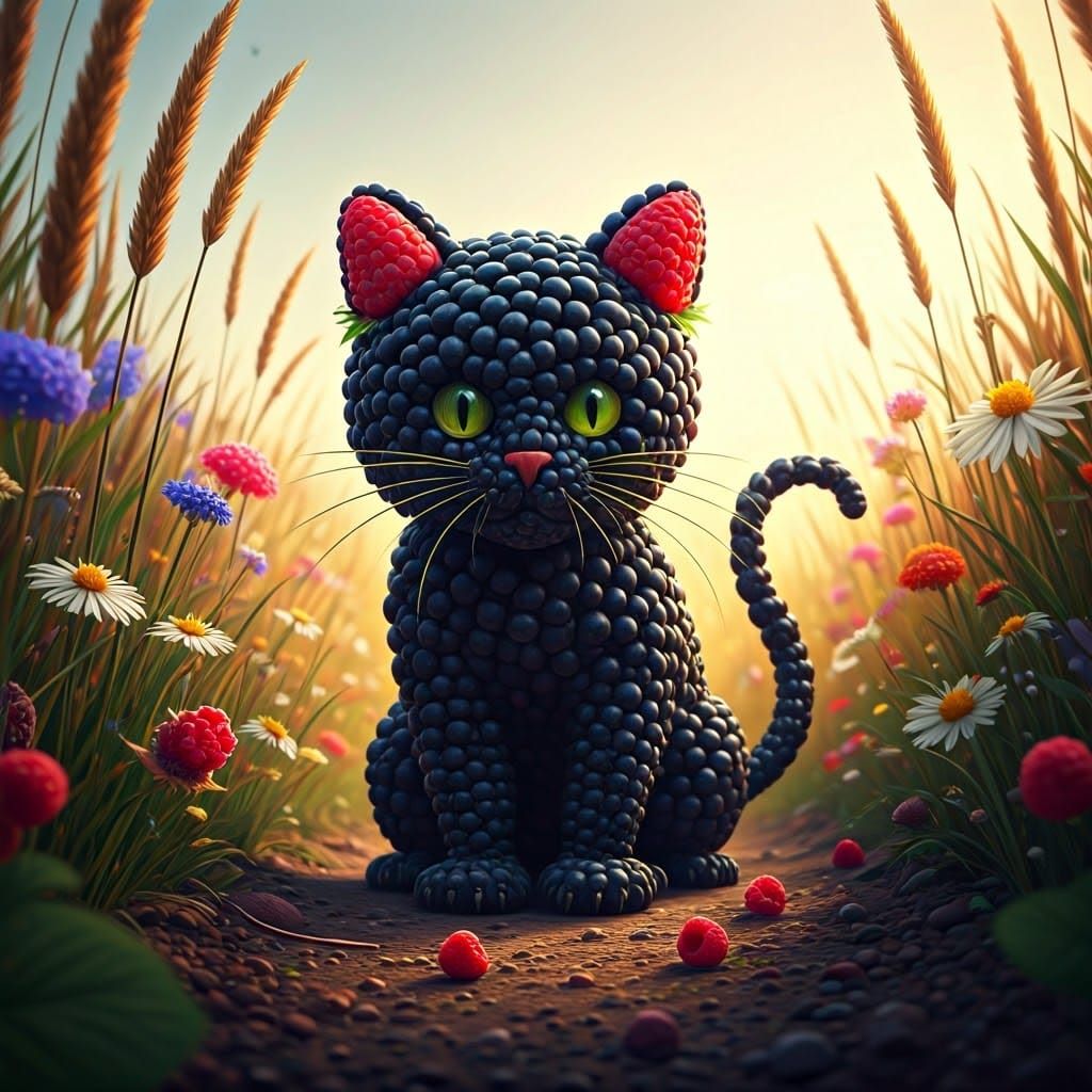 Whimsical Blackberry Cat Hunts Raspberry Mice in a Vibrant M...