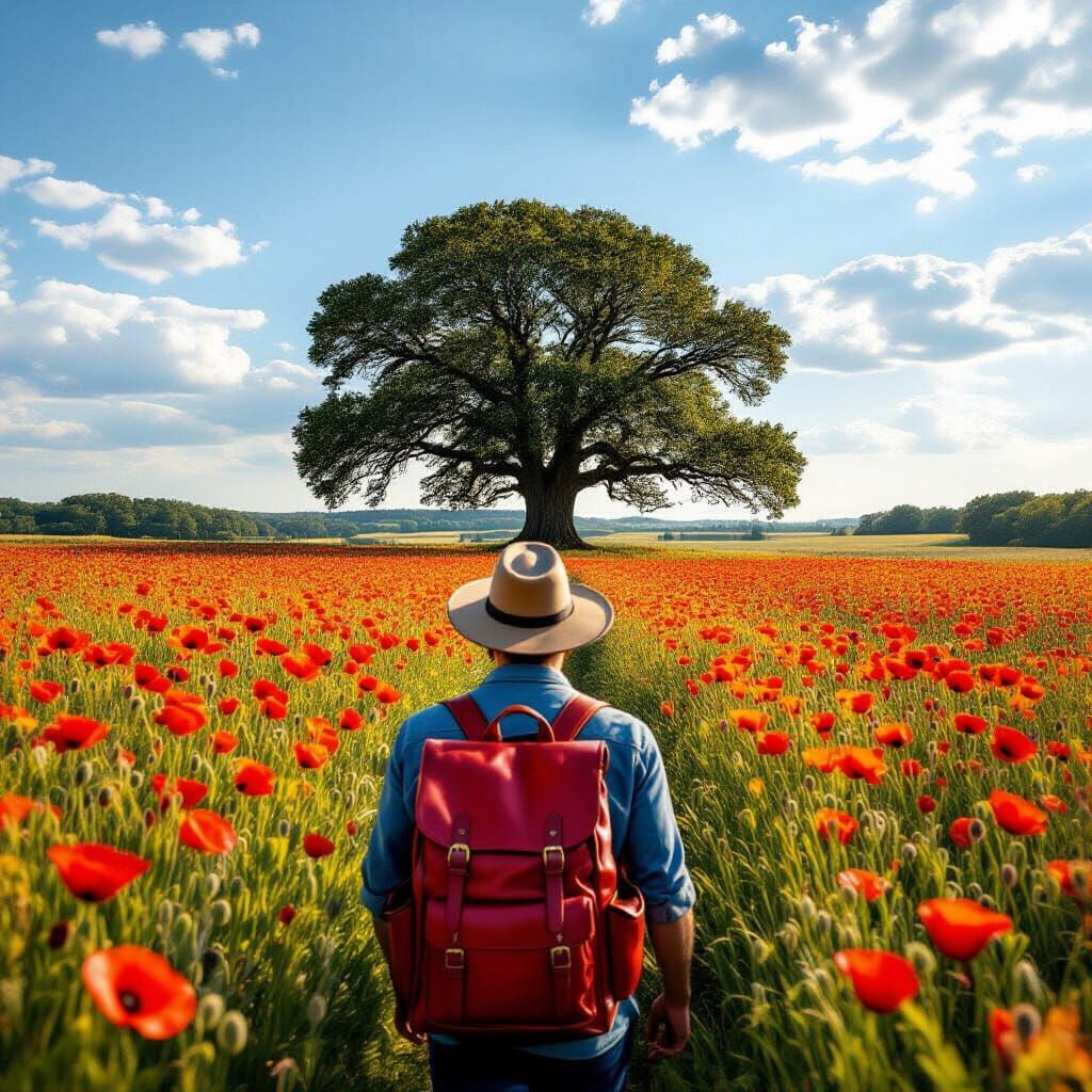 Traveler Walks Through Poppy Field Towards Ancient Oak