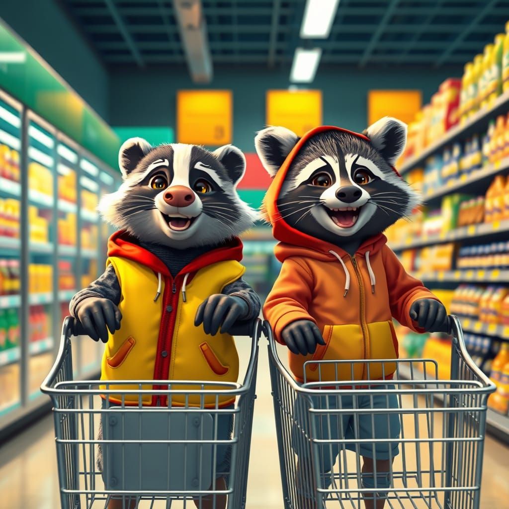 Badger and Raccoon Shopping Spree, Digital Matte Painting