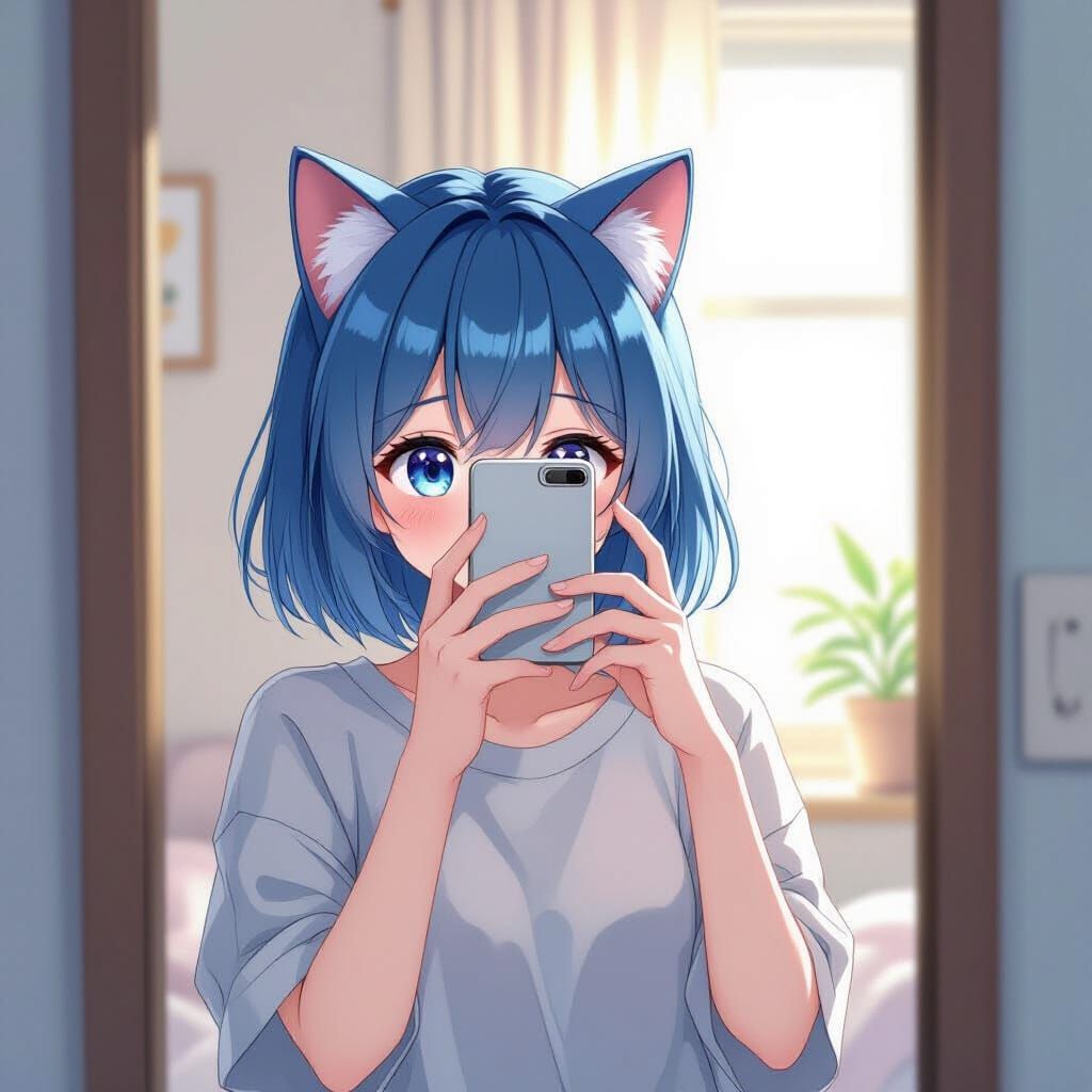 Anime Girl with Cat Ears Selfie in Pastel Style