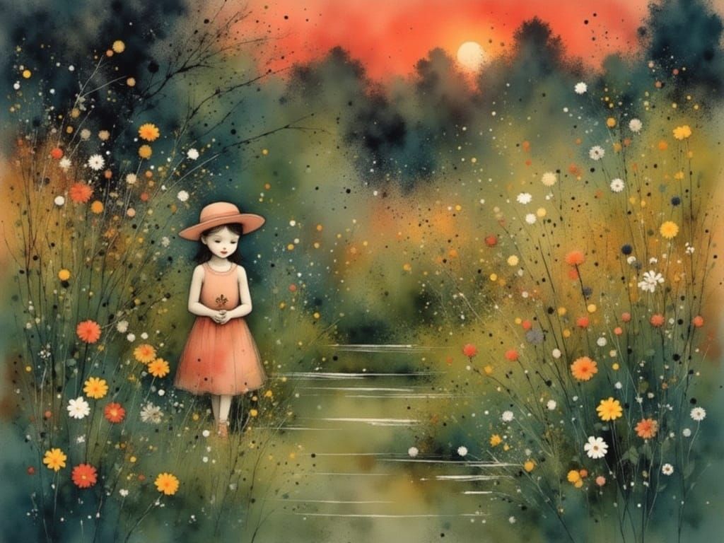 Whimsical Summer Scene in Charcoal and Watercolor