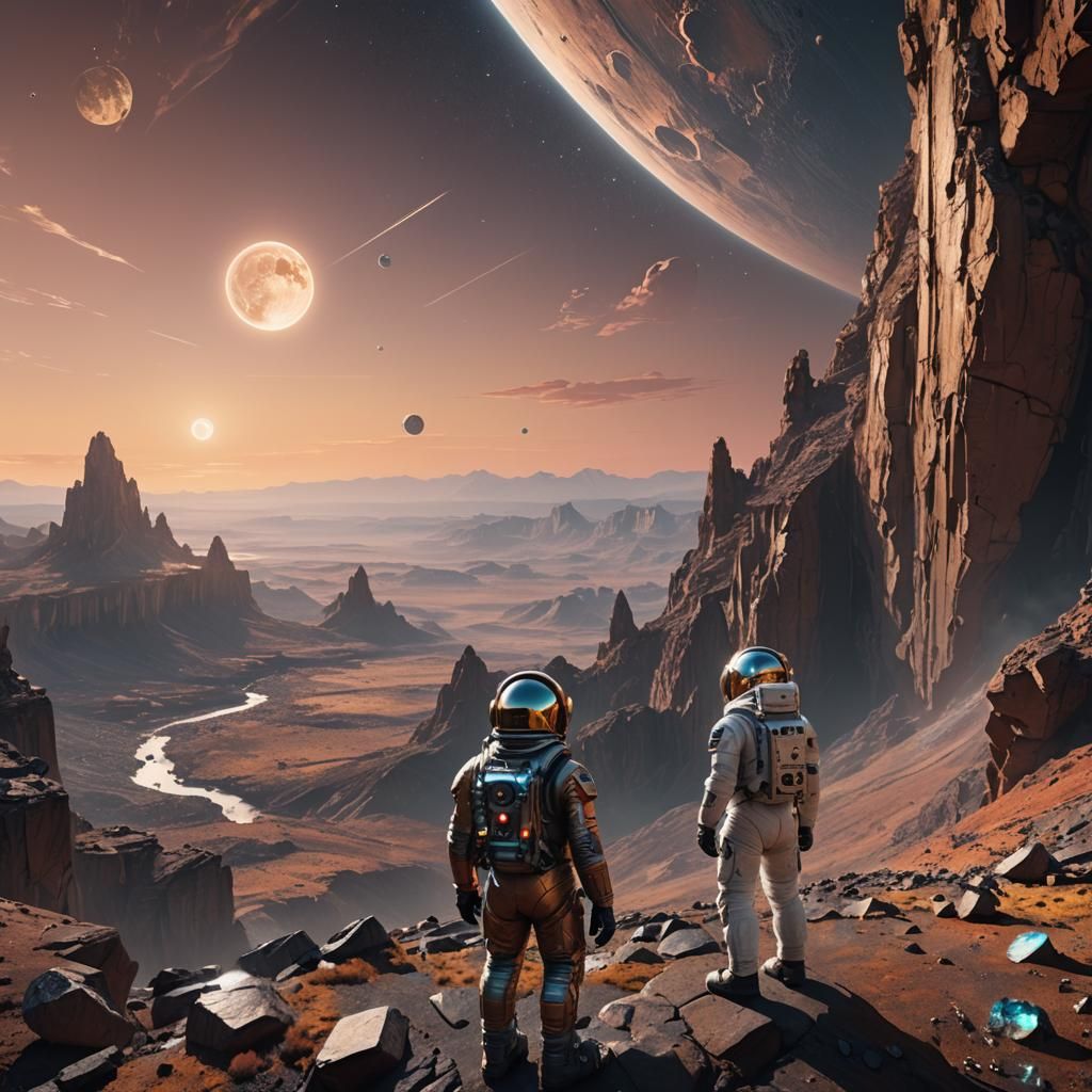 Astronaut on Crystalline Cliff at Sunset: Fantasy Art