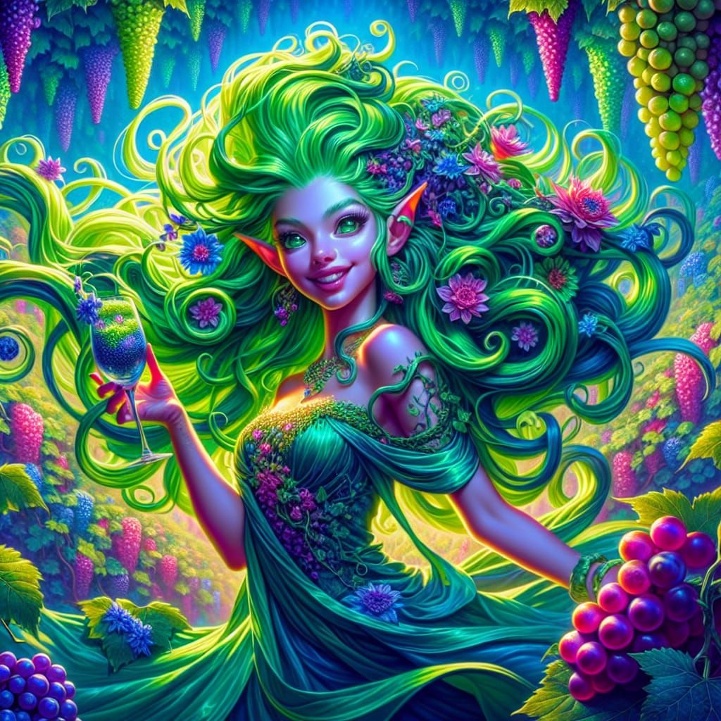 Grape Elf Queen with Flowing Emerald Hair