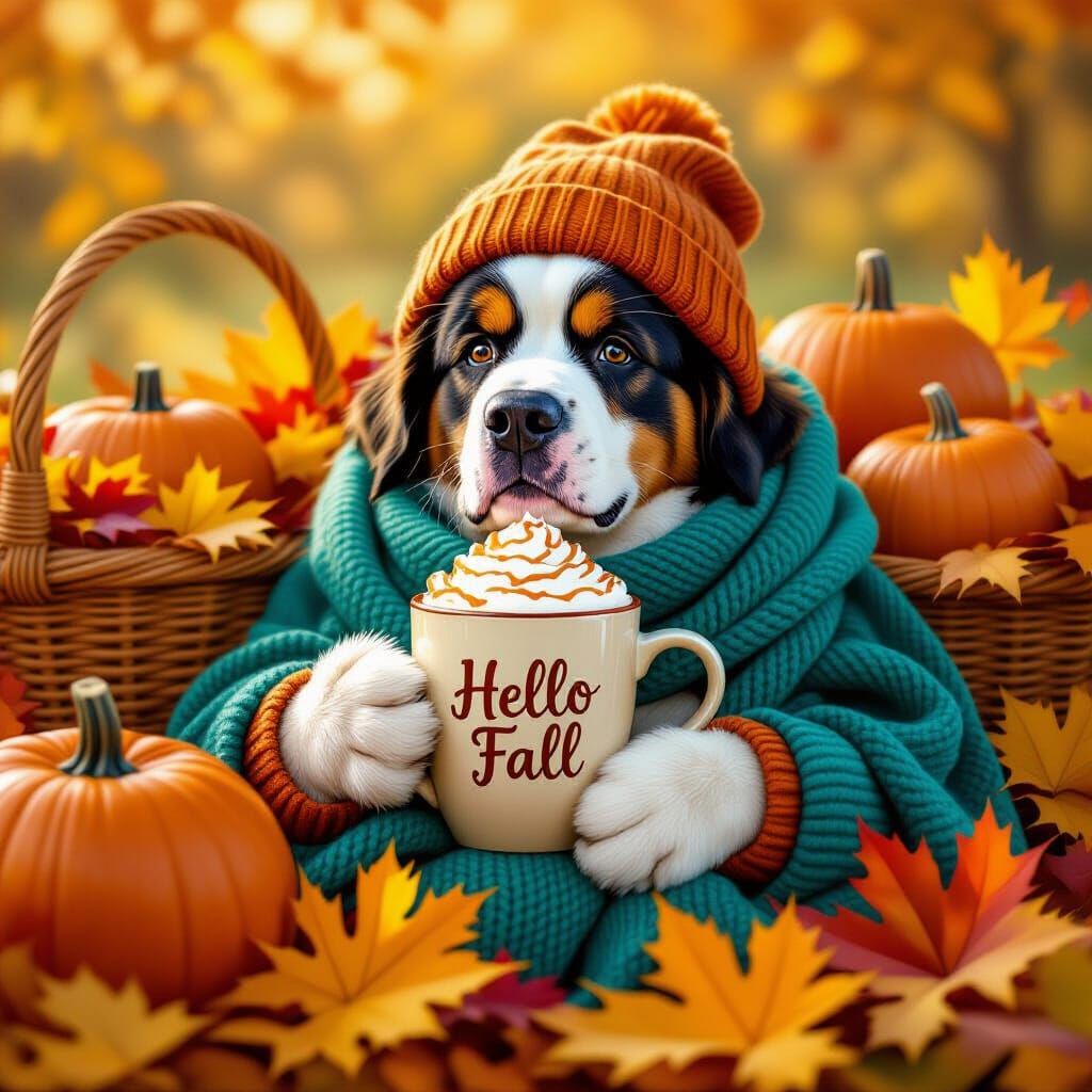 St Bernard in Teal Scarf with Pumpkin Spice Latte