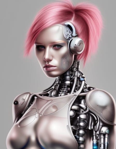 Hyperrealistic Cyborg Girl with Silver Metallic Hair