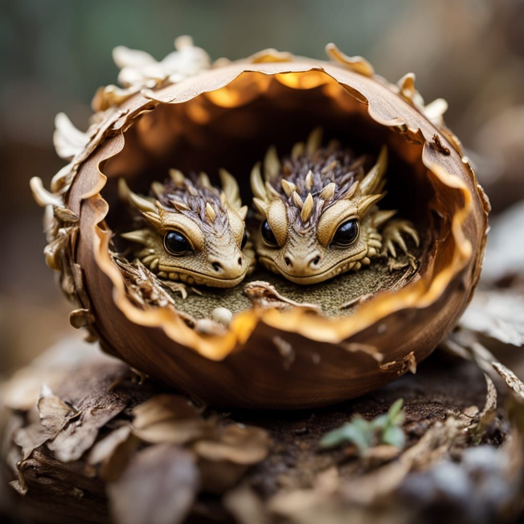 Macro Photograph: Tiny Dragon Nest in Walnut Shell