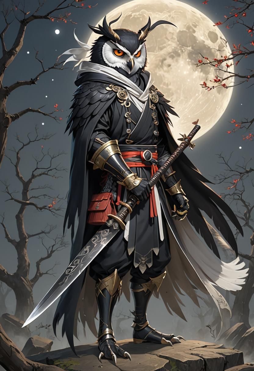 Stylized Owl Ninja in Action Pose, Anime Art