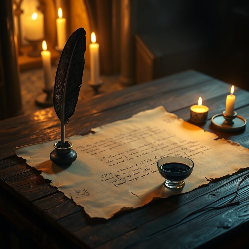 Medieval Study in Candlelight with Quill and Inkwell